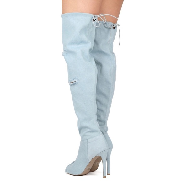 👖Frayed Light Denim Peep Toe Thigh Boots - Picture 3 of 6